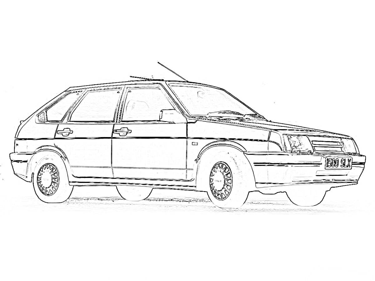 На раскраске изображено: ВАЗ-2109, Транспорт, Колёса, Окна, Авто, Боковое зеркало, Легковая машина