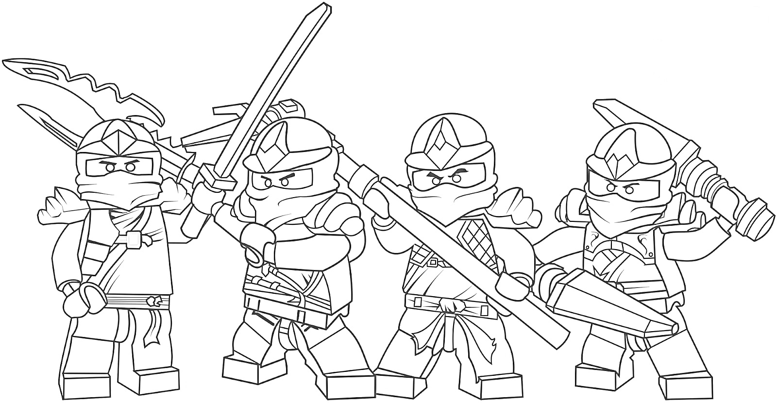 Раскраска LEGO ниндзя с мечами, посохом и топором (четыре фигурки)