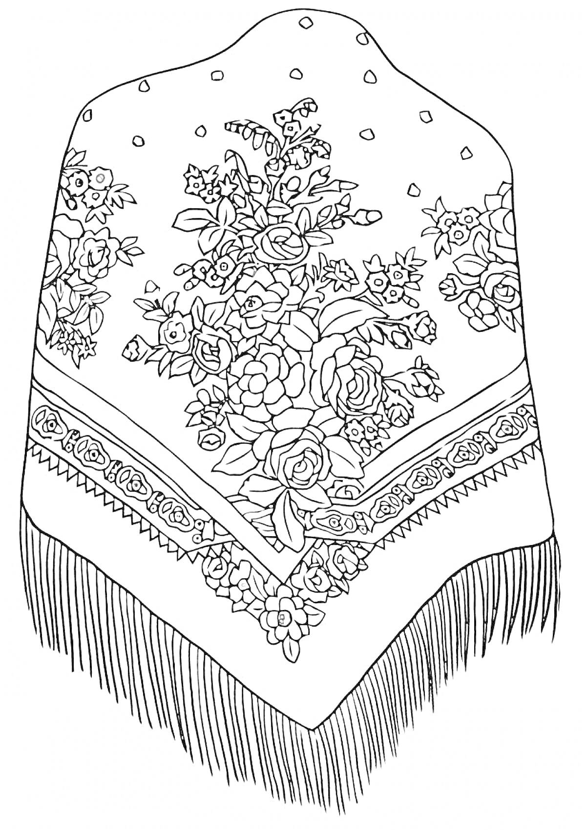 Раскраска Платок с цветочным узором, бахромой и орнаментом.