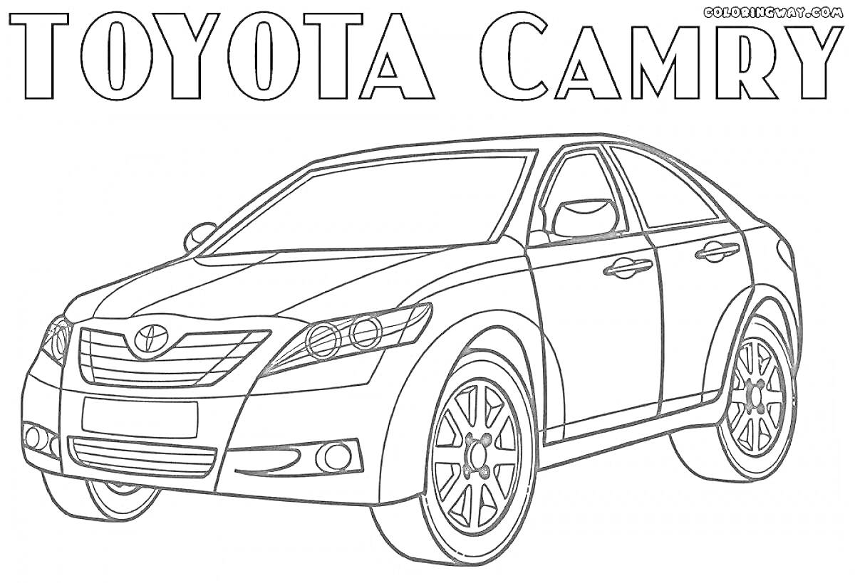 Раскраска автомобиля Toyota Camry с детализованным изображением кузова, передних фар, колес и логотипа Toyota, с надписью 