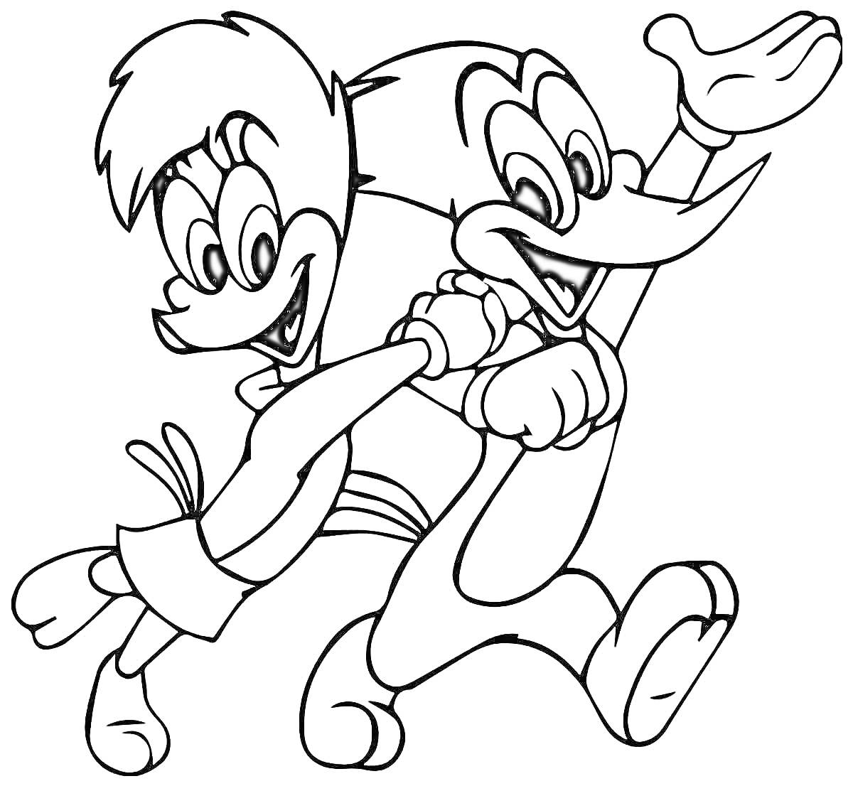 Раскраска Два мультяшных персонажа бегут и держатся за руки