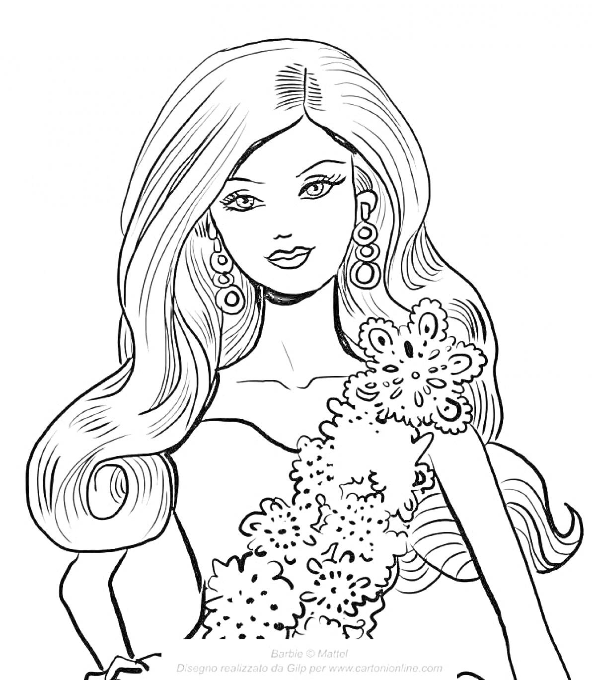 Раскраска Девушка с длинными волосами и серьгами в красивом платье с цветочным узором