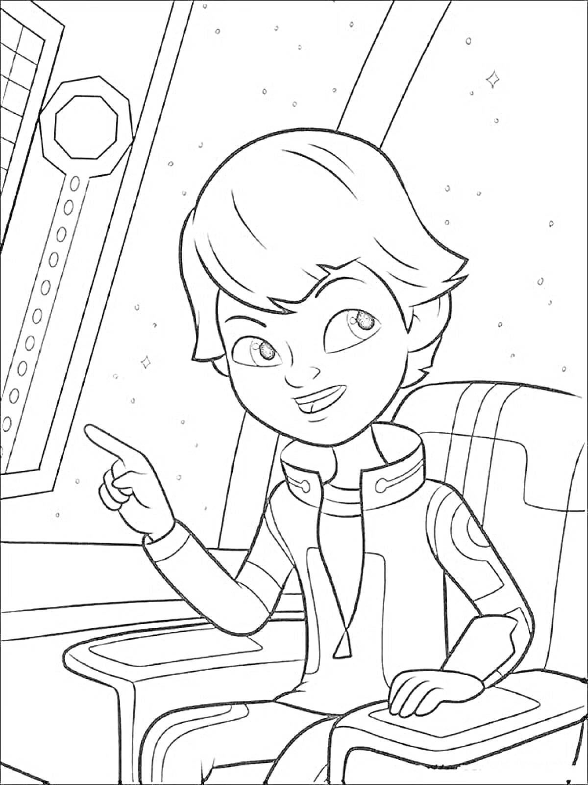 Раскраска мальчик в космическом костюме на космическом корабле, указывающий рукой на экран