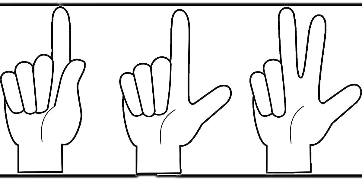 Раскраска Ладошки с числами, показывающие 1, 2 и 3 пальцами