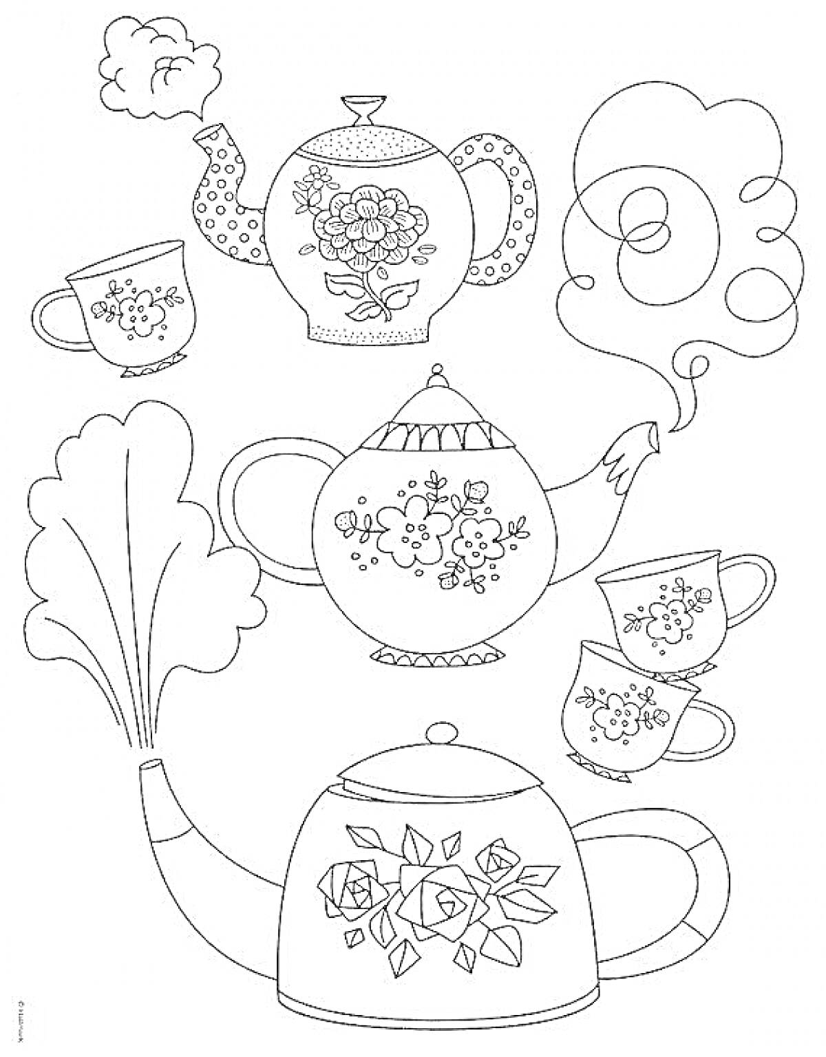 На раскраске изображено: Посуда, Пар, Узоры, Цветы, Кружки, Чайники, Чашки