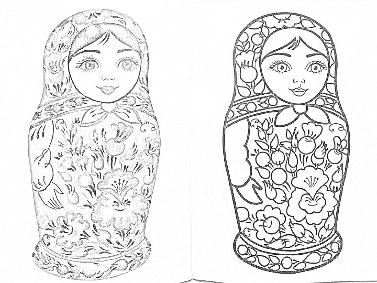 Раскраска Матрешка с цветочным узором - раскраска с цветной и черно-белой матрешкой