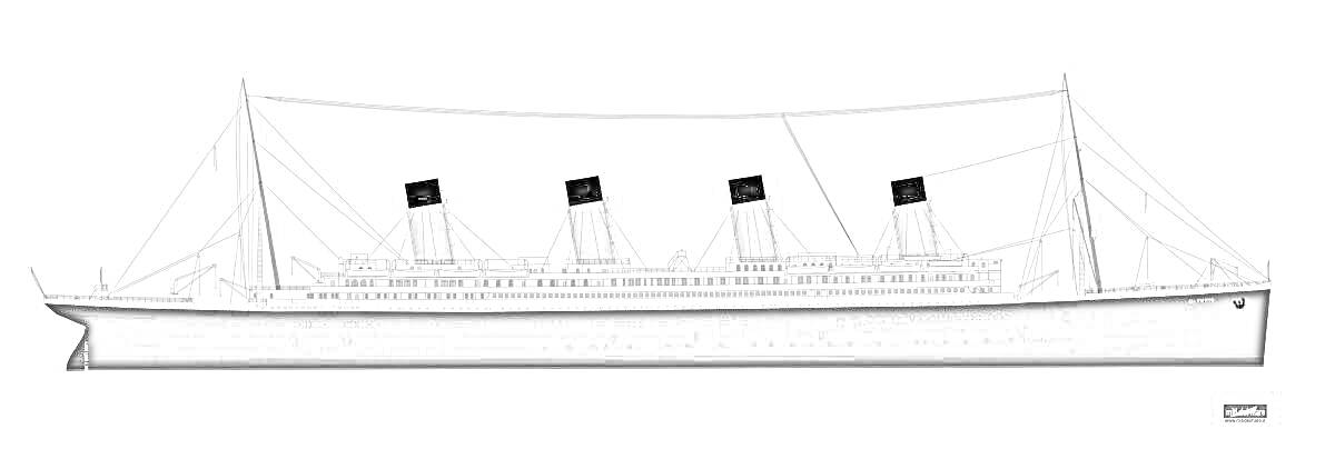 На раскраске изображено: Корабль, Пароход, Дымовые трубы, Карпатия, Судно