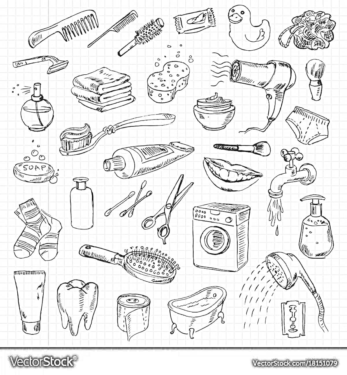 Раскраска Коллекция предметов гигиены, включающая расческу, щетку, зубную щетку, утку для ванны, шампунь, полотенца, губку, фен, кувшин, зубную пасту, зубной протез, мыло, крем для тела, ножницы, зубочистки, бритву, стиральную машину, тапочки, бутылку, зубную пасту