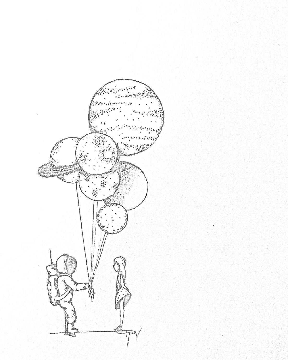 На раскраске изображено: Астронавт, Воздушные шары, Планеты, Космос, Встреча
