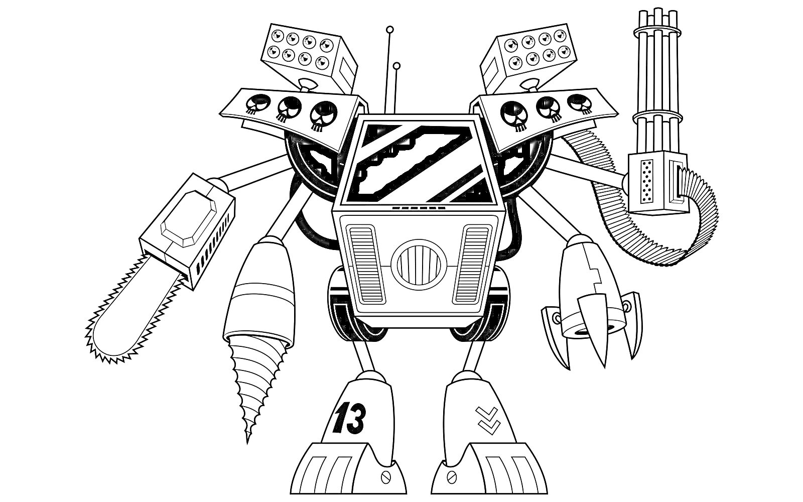 На раскраске изображено: Робот, Убийца, Бензопила, Сверло, Пулемет, Оружие, Механика, Война
