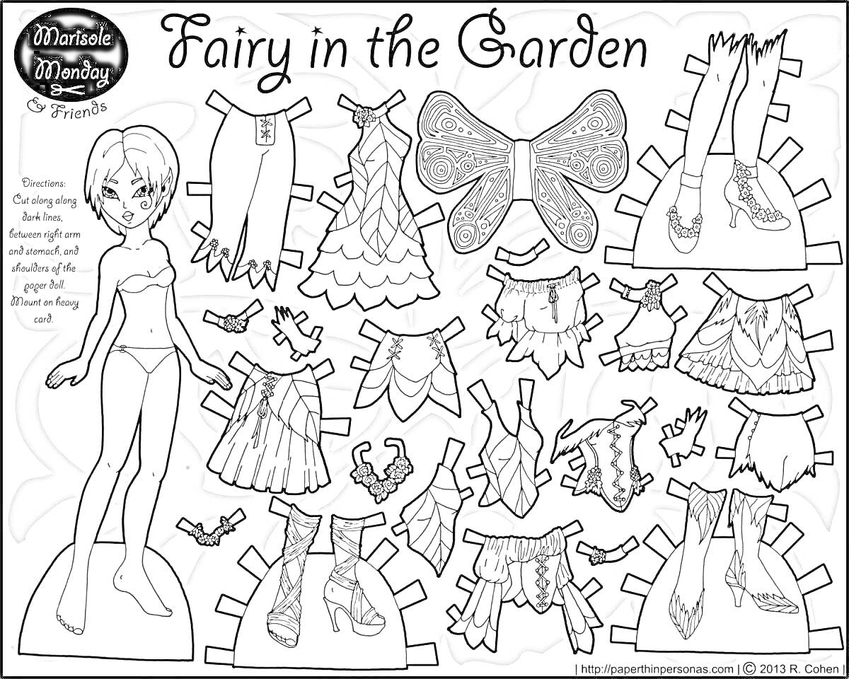 Раскраска Fairy in the Garden (фея с короткими волосами, короткое платье, длинное платье, крылья, туфли, длинные сапоги, топ, юбка, наручи, накидка, корсет)