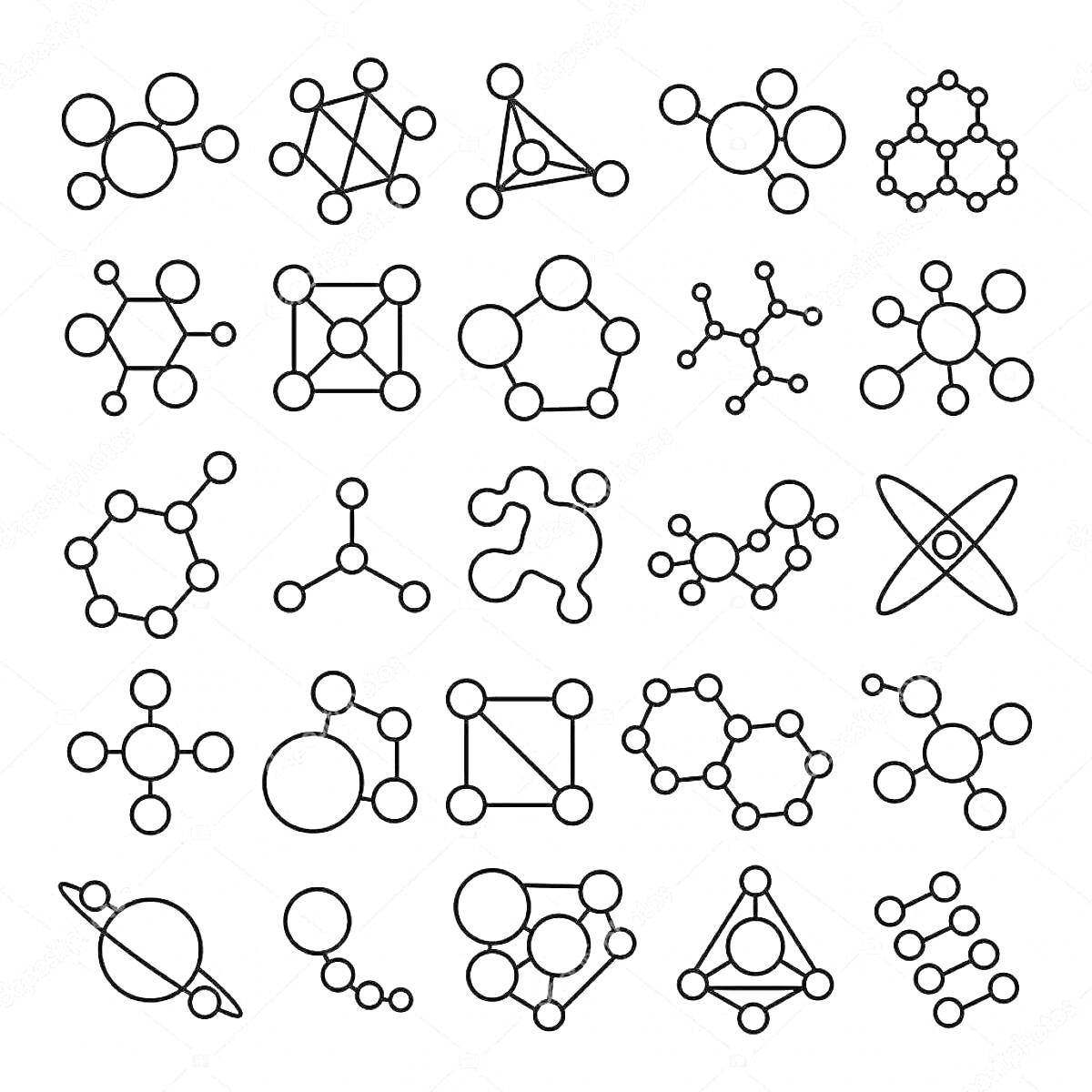 Молекулы разной структуры, включающие атомы соединенные линиями, атомы в форме кругов и различных геометрических конфигураций.