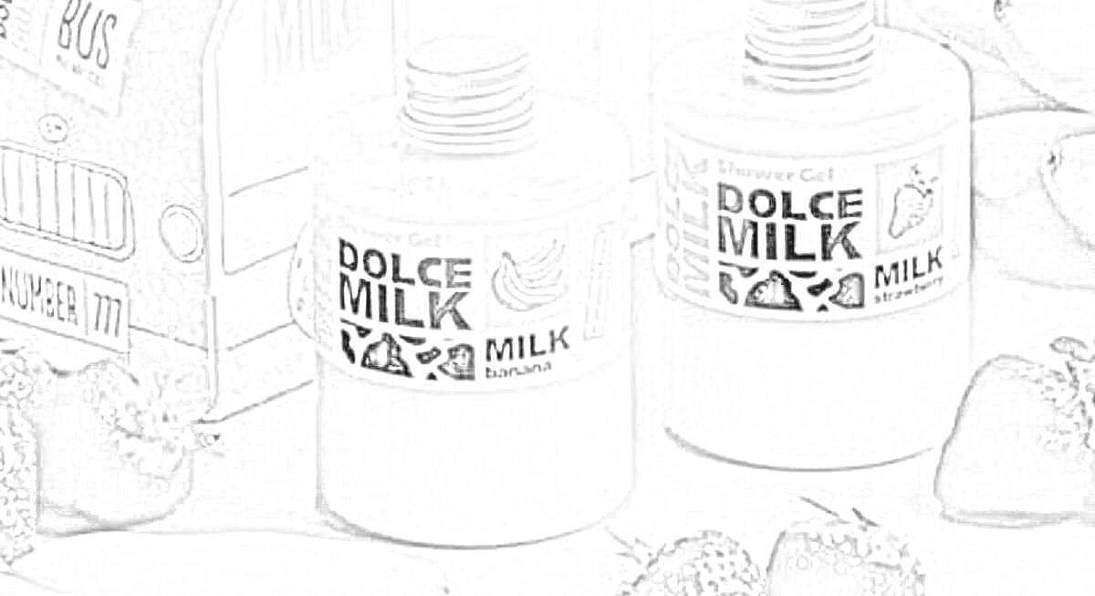 Раскраска Два флакона Dolce Milk (банановый и клубничный) с крышками и этикетками, розовый фон, клубника, бананы, розовая коробка