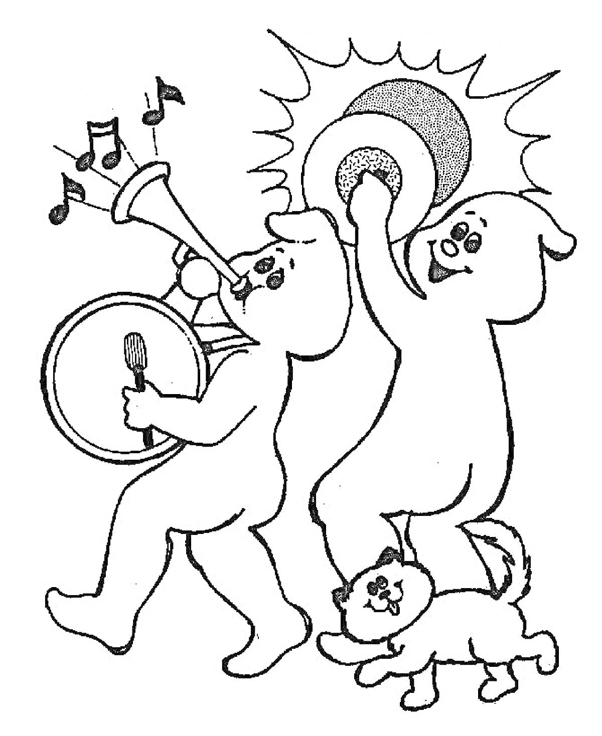 На раскраске изображено: Привидения, Музыкальные инструменты, Труба, Барабан, Музыка, Тарелка, Кот