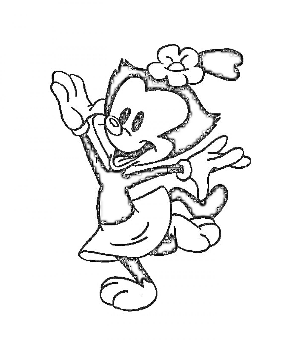 Раскраска Мультяшный персонаж в банте с цветком, в платье, машет руками и улыбается