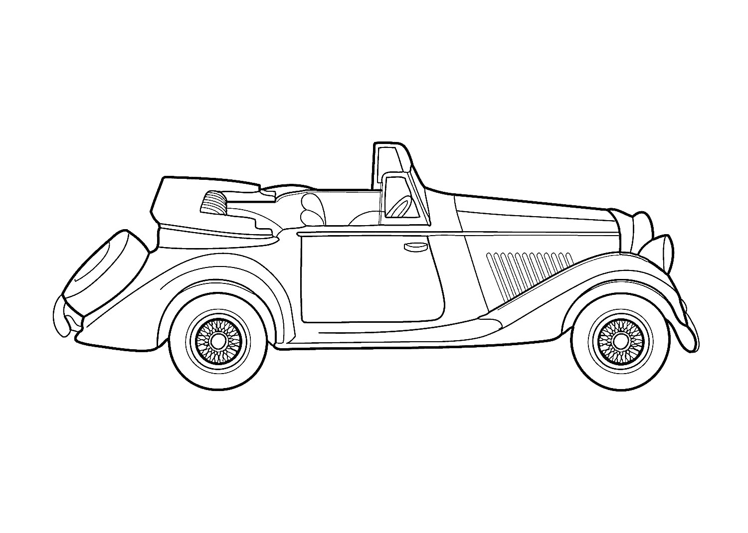 Раскраска Классический автомобиль Bentley с откидным верхом и запасным колесом