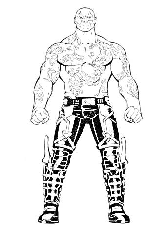 Раскраска Мужчина в кожаных брюках и с нарукавными татуировками, страж галактики