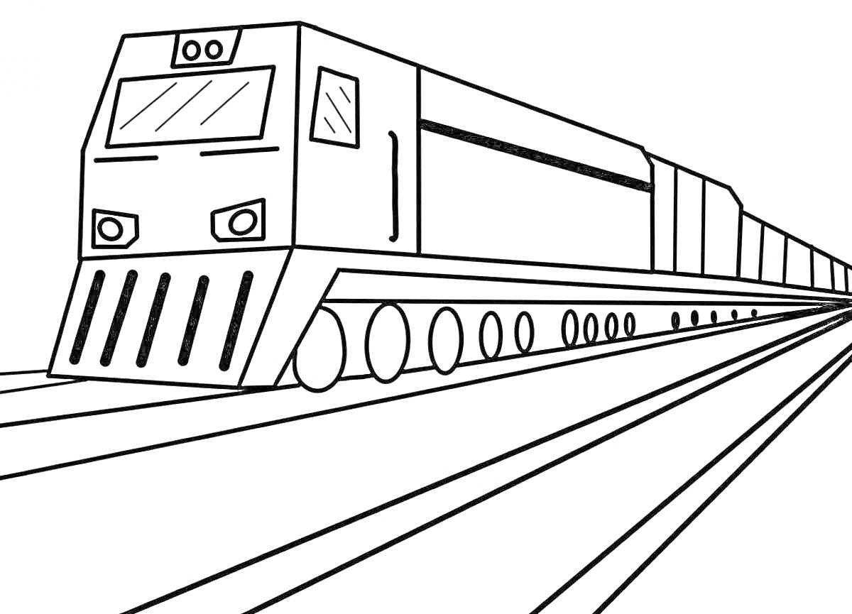 На раскраске изображено: Поезд, Рельсы, Вагоны, Транспорт, Железная дорога