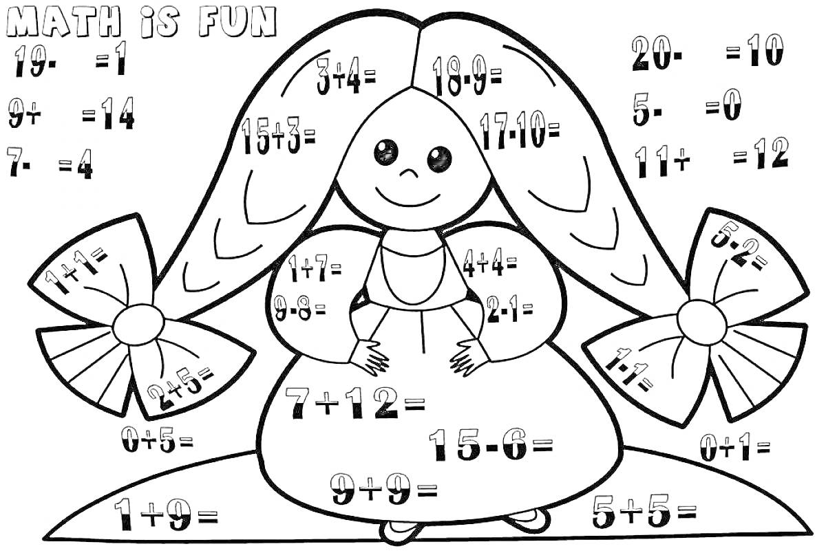 Раскраска Девочка с бантиками и математическими примерами на сложение и вычитание в пределах 10