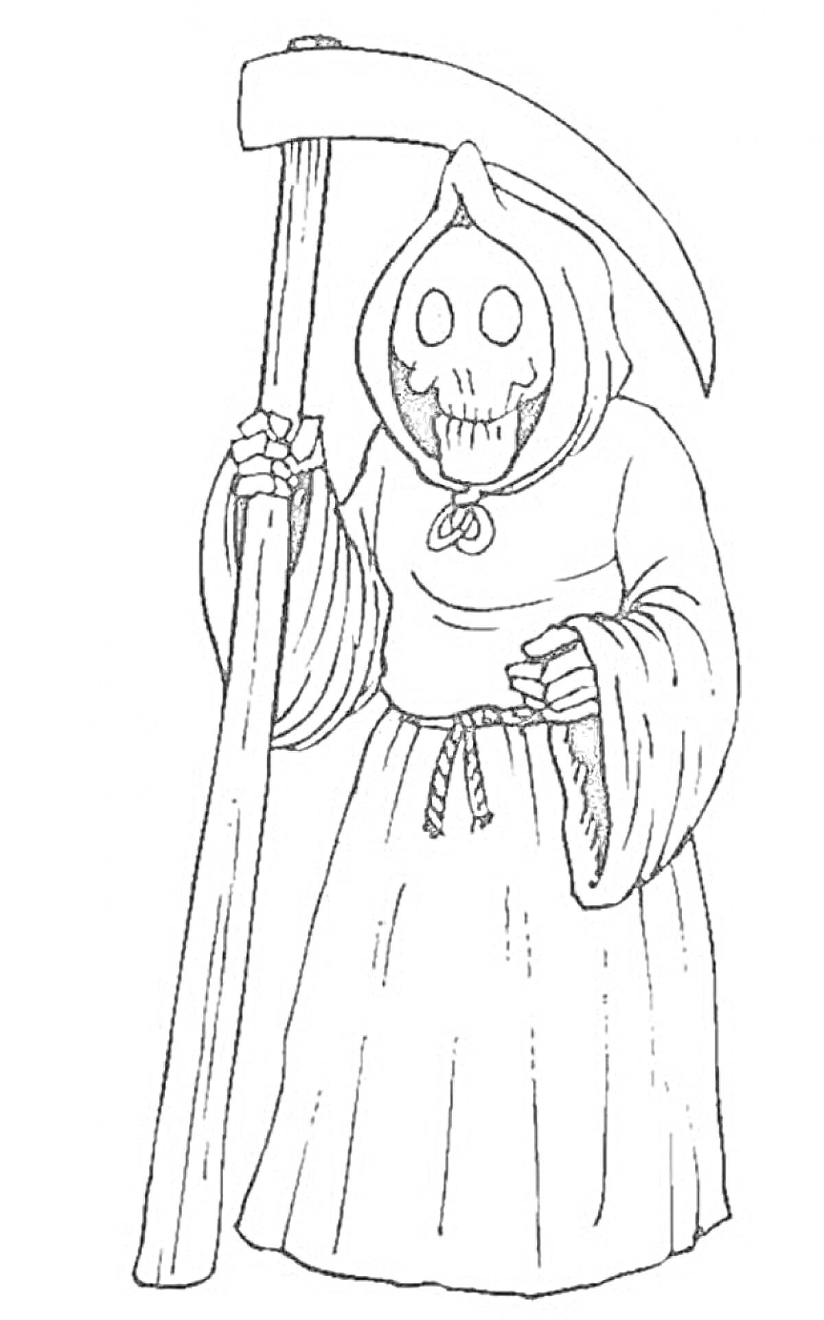 Раскраска Скелет в худи с капюшоном и косой
