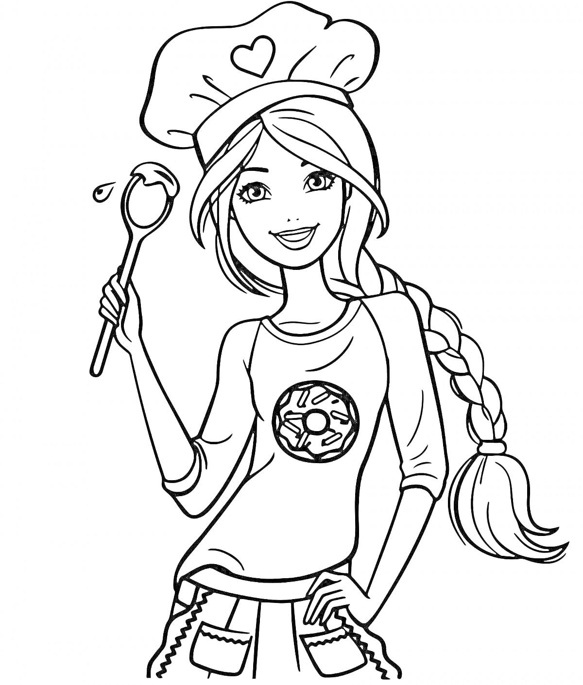 Раскраска Девушка-повар с длинной косой, ложкой, поварским колпаком с сердечком и фартуком