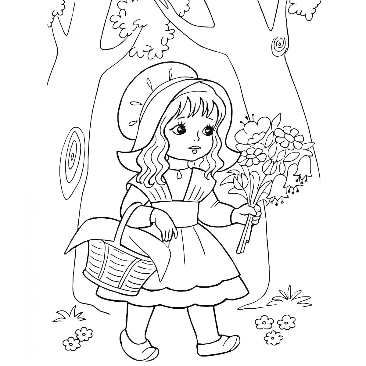 На раскраске изображено: Красная Шапочка, Лес, Букет цветов, Деревья, Девочка, Цветы