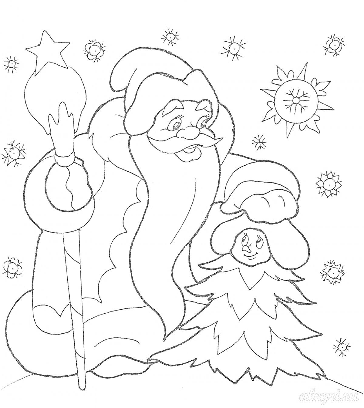 На раскраске изображено: Дед Мороз, Лес, Снег, Зимняя сцена, Новый год