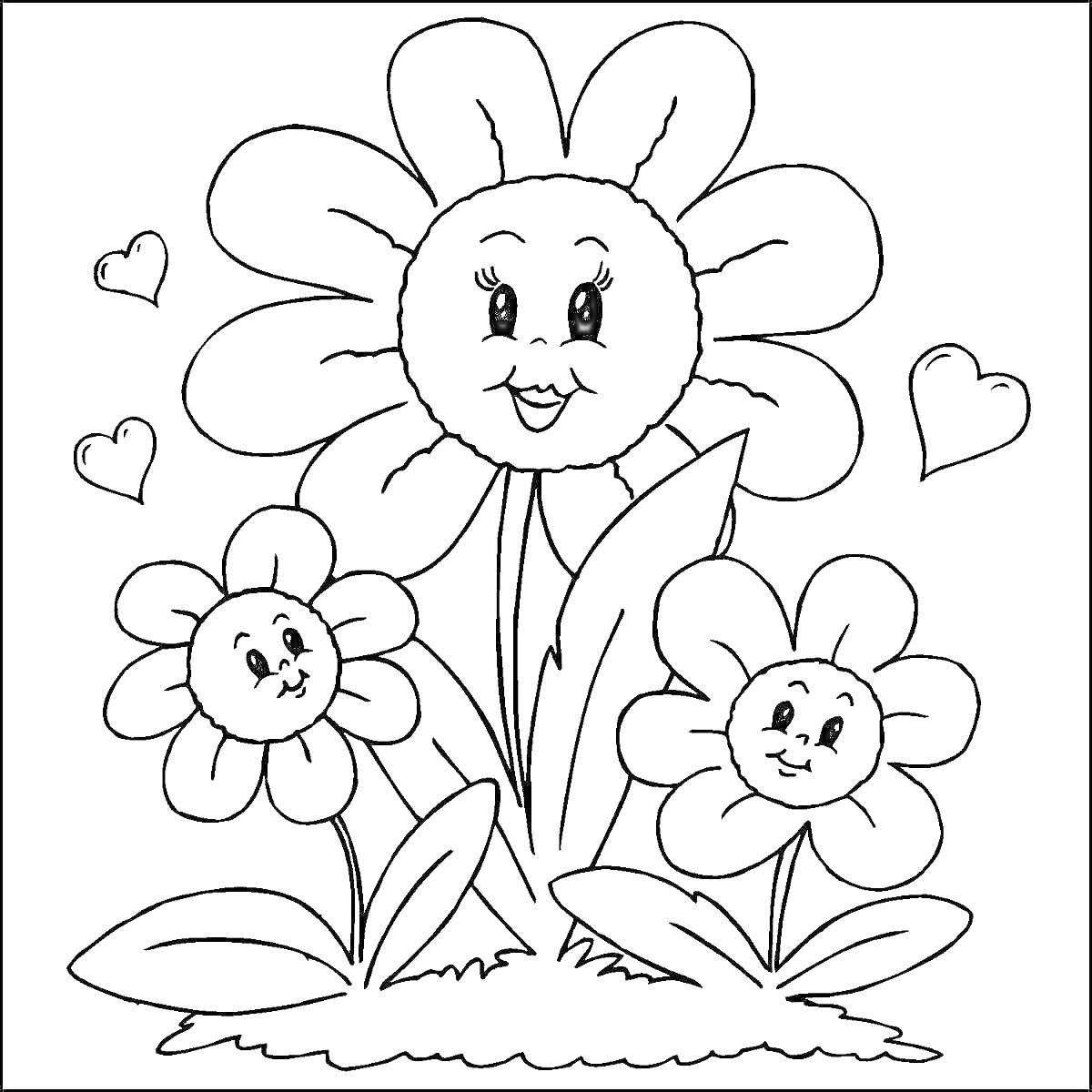 Раскраска Три цветка с лицами и сердечками