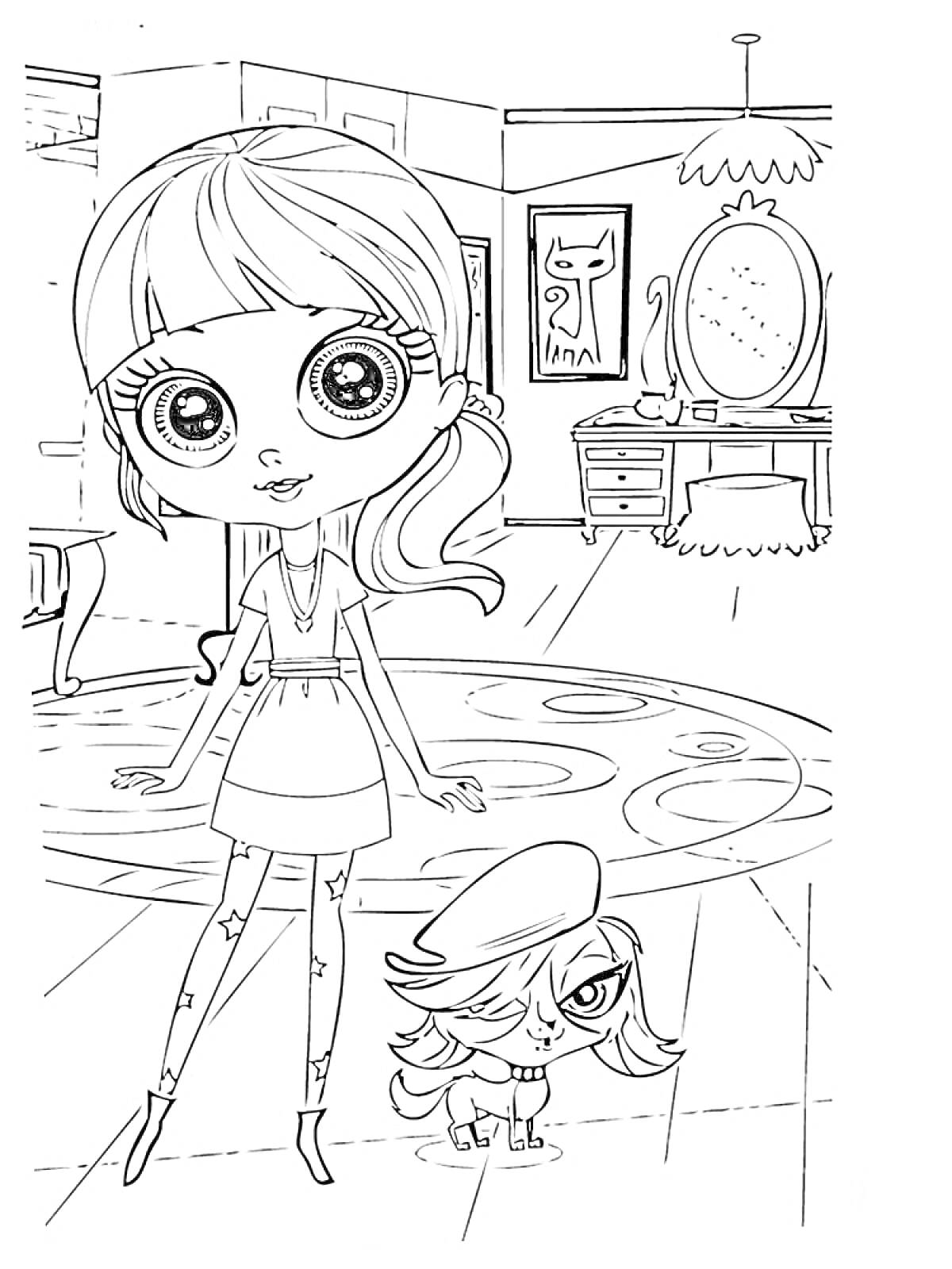 Раскраска Девочка с большими глазами и хвостиком, стоящая рядом с питомцем в комнате с зеркалом и столом