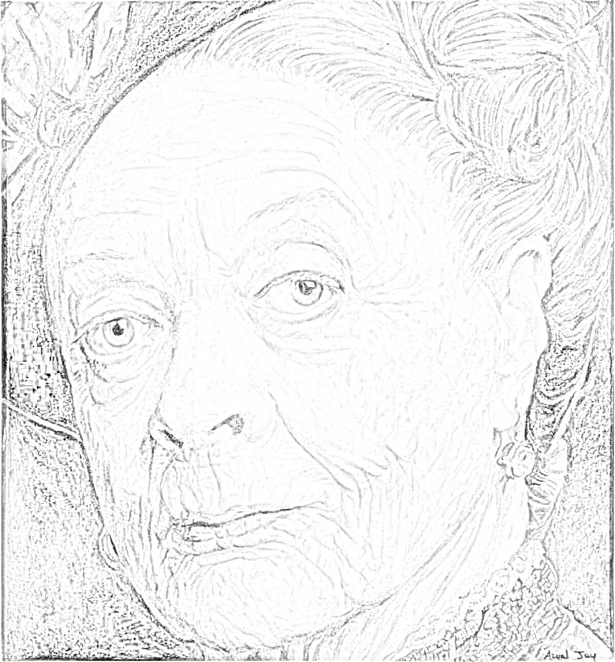 Раскраска Портрет пожилой женщины с серьгой и прической в старинном стиле