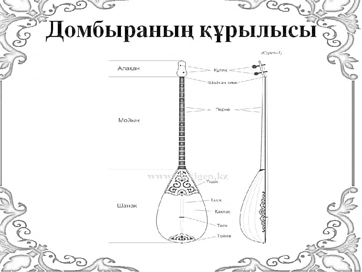 На раскраске изображено: Домбыра, Казахский инструмент, Для детей, Музыкальные инструменты