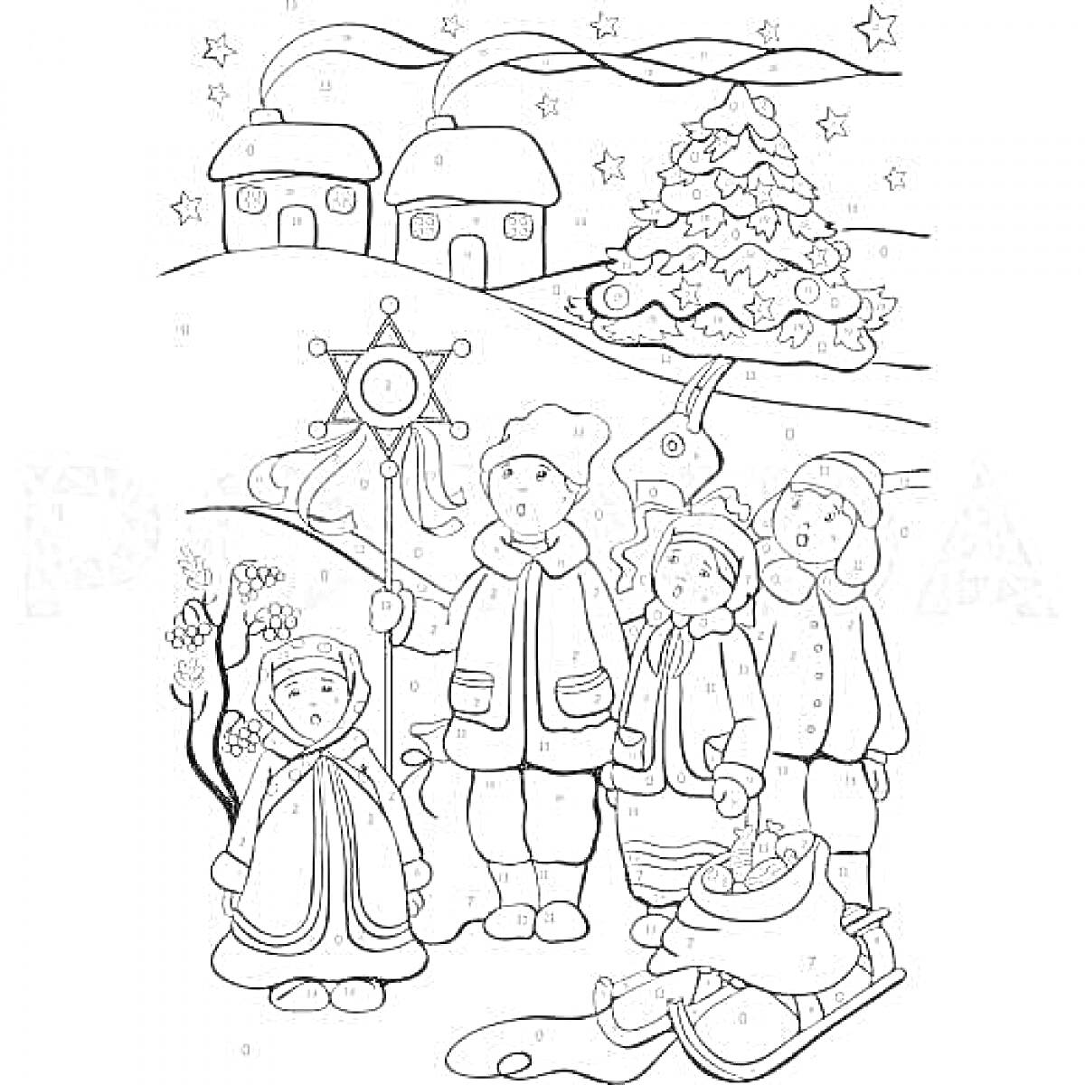 Раскраска Хоровод детей на святках с рождественским деревом, санками и домами