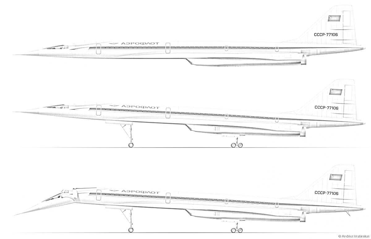 Раскраска Раскраска с изображением трёх видов самолета Ту-144 сбоку