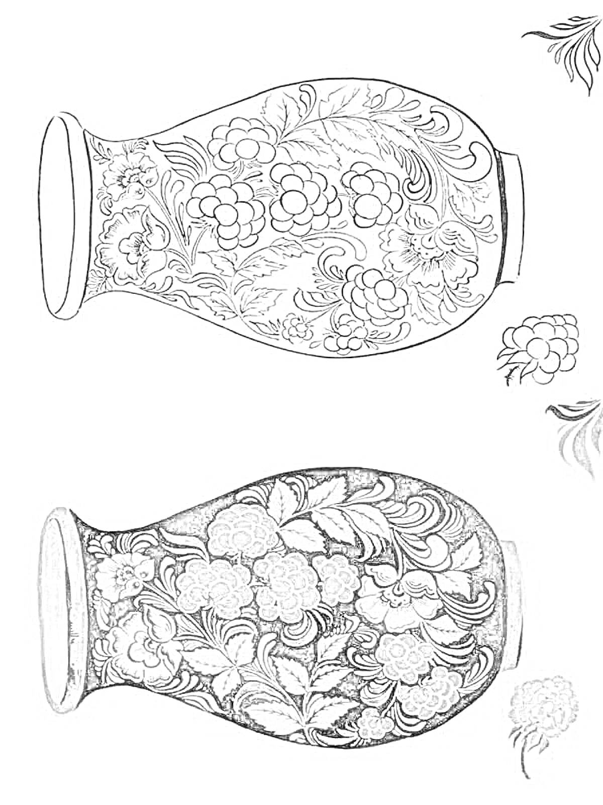 Раскраска Ваза с хохломской росписью, включает цветочный орнамент, листья и ягодные узоры