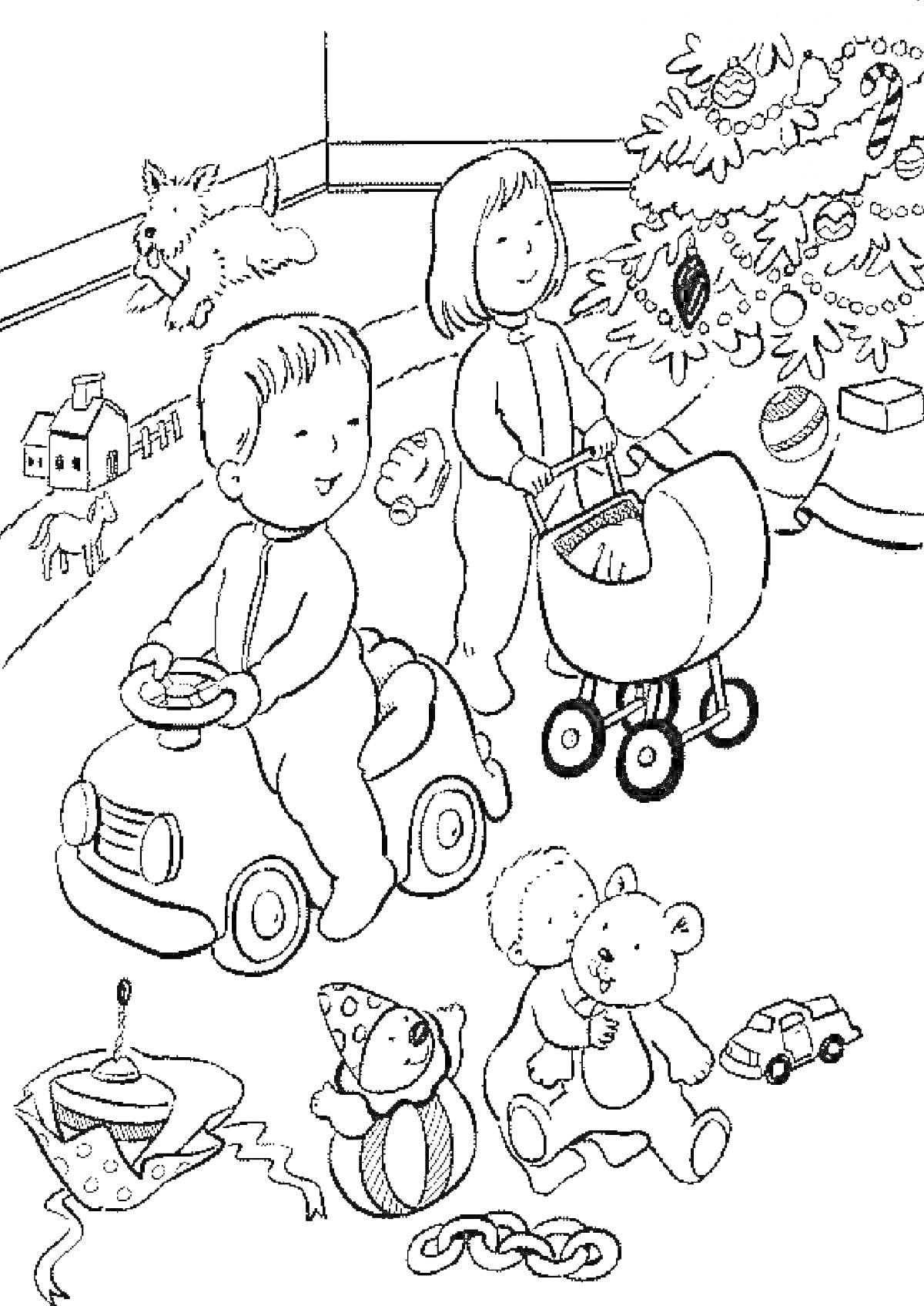 На раскраске изображено: Детский сад, Игрушки, Новогодняя елка, Коляска, Мячи, Кубики, Елочные украшения, Плюшевый медведь
