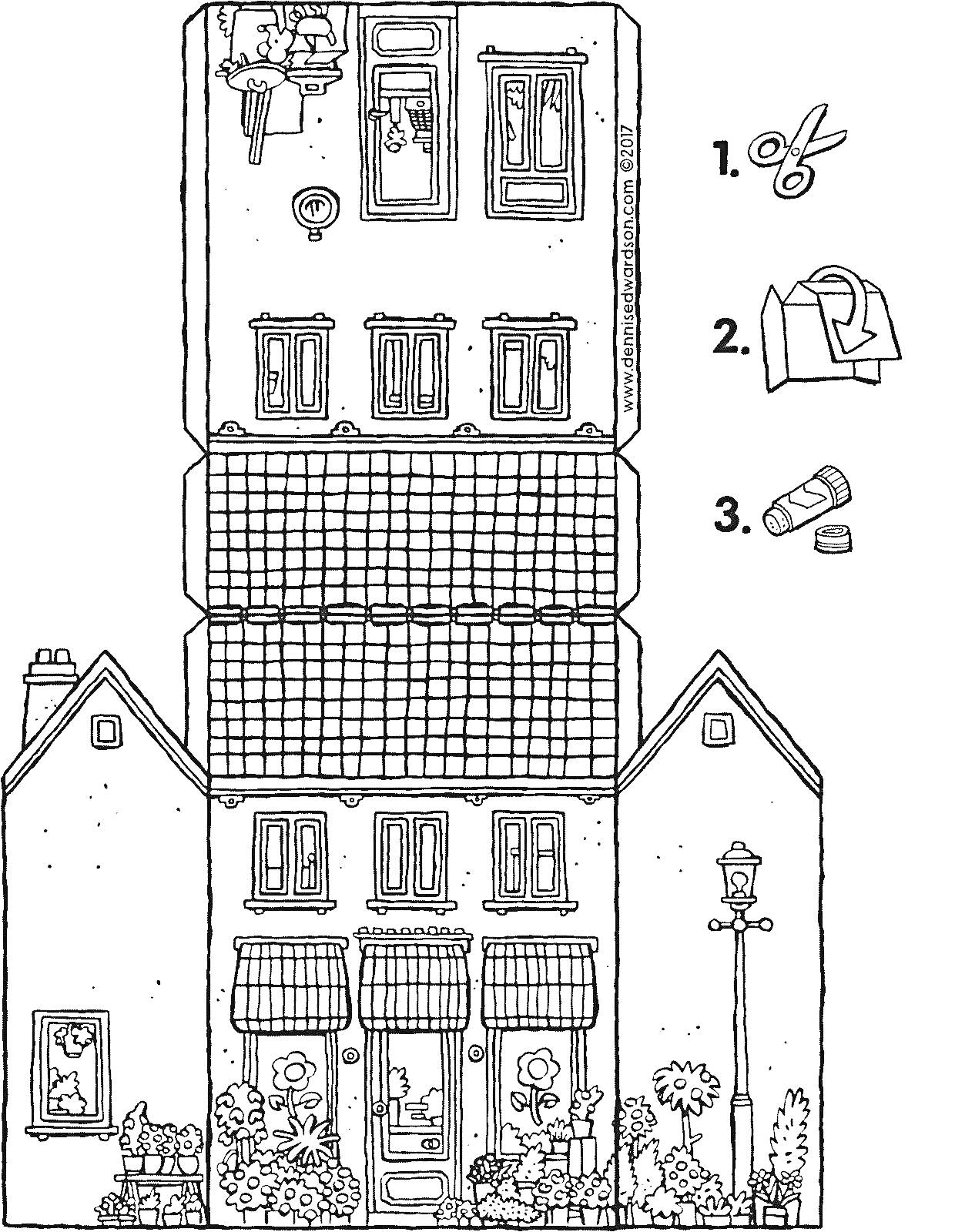 На раскраске изображено: Бумажный дом, Крыша, Окна, Инструкция