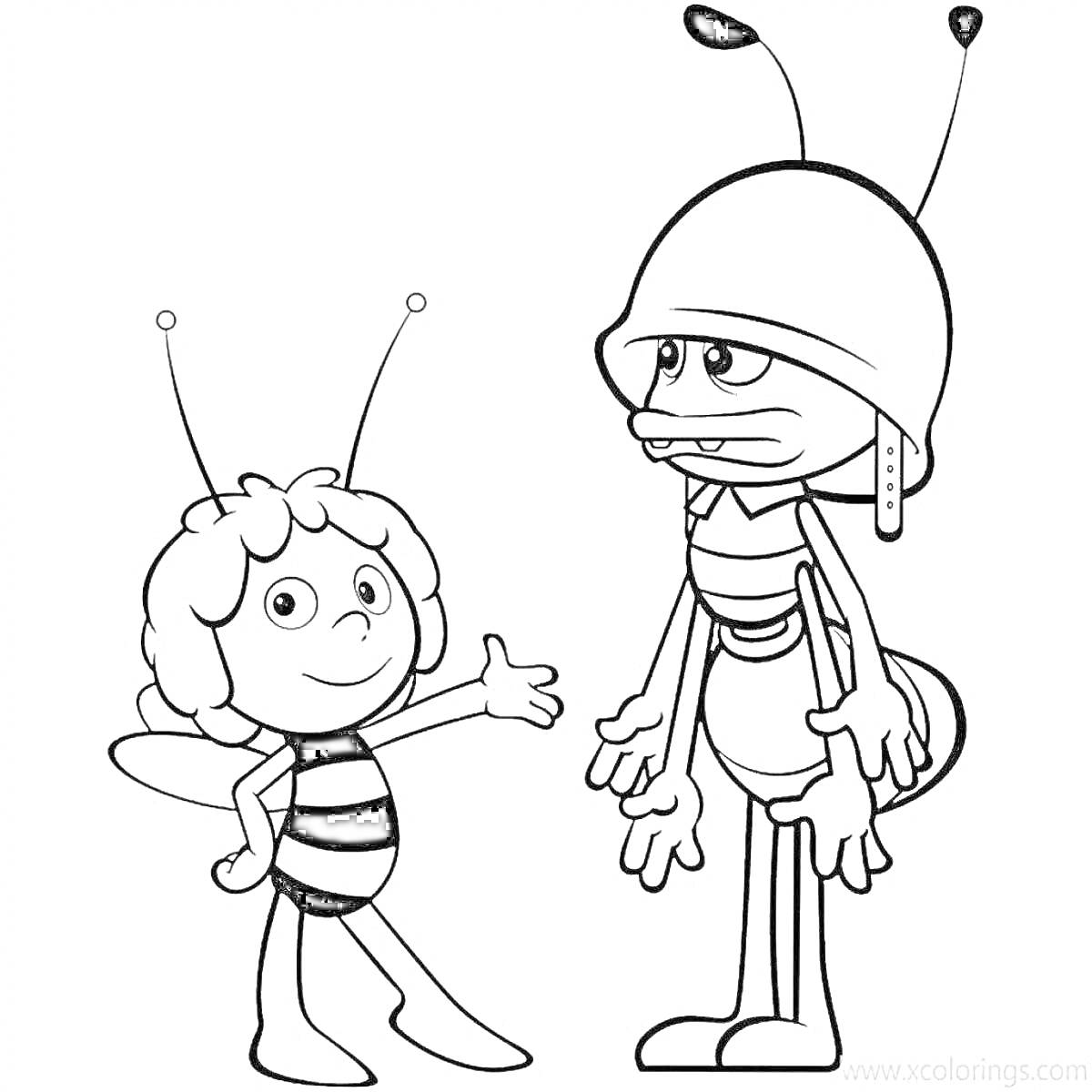 Раскраска Пчелка Майя и её друг муравей в шлеме