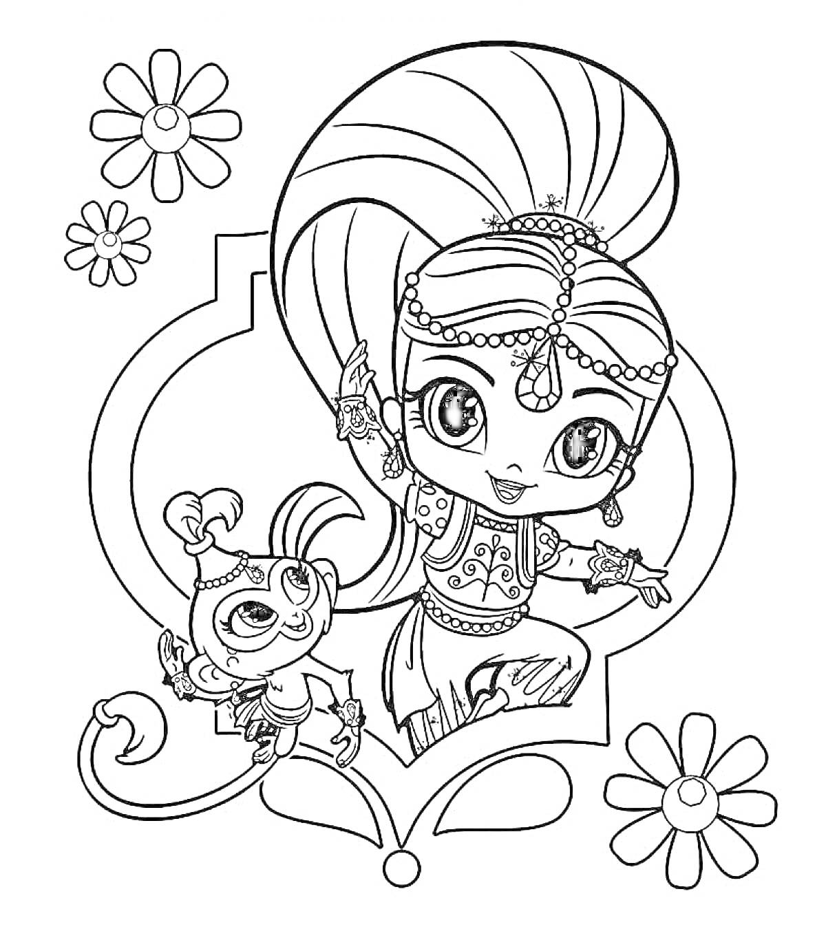Раскраска Девочка-джин и обезьяна с большим хвостом, окружённые цветами