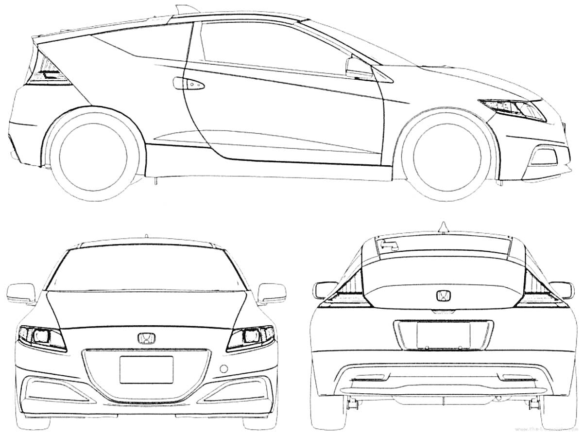 Раскраска Трехракурсный вид автомобиля Honda с боковой, передней и задней стороны