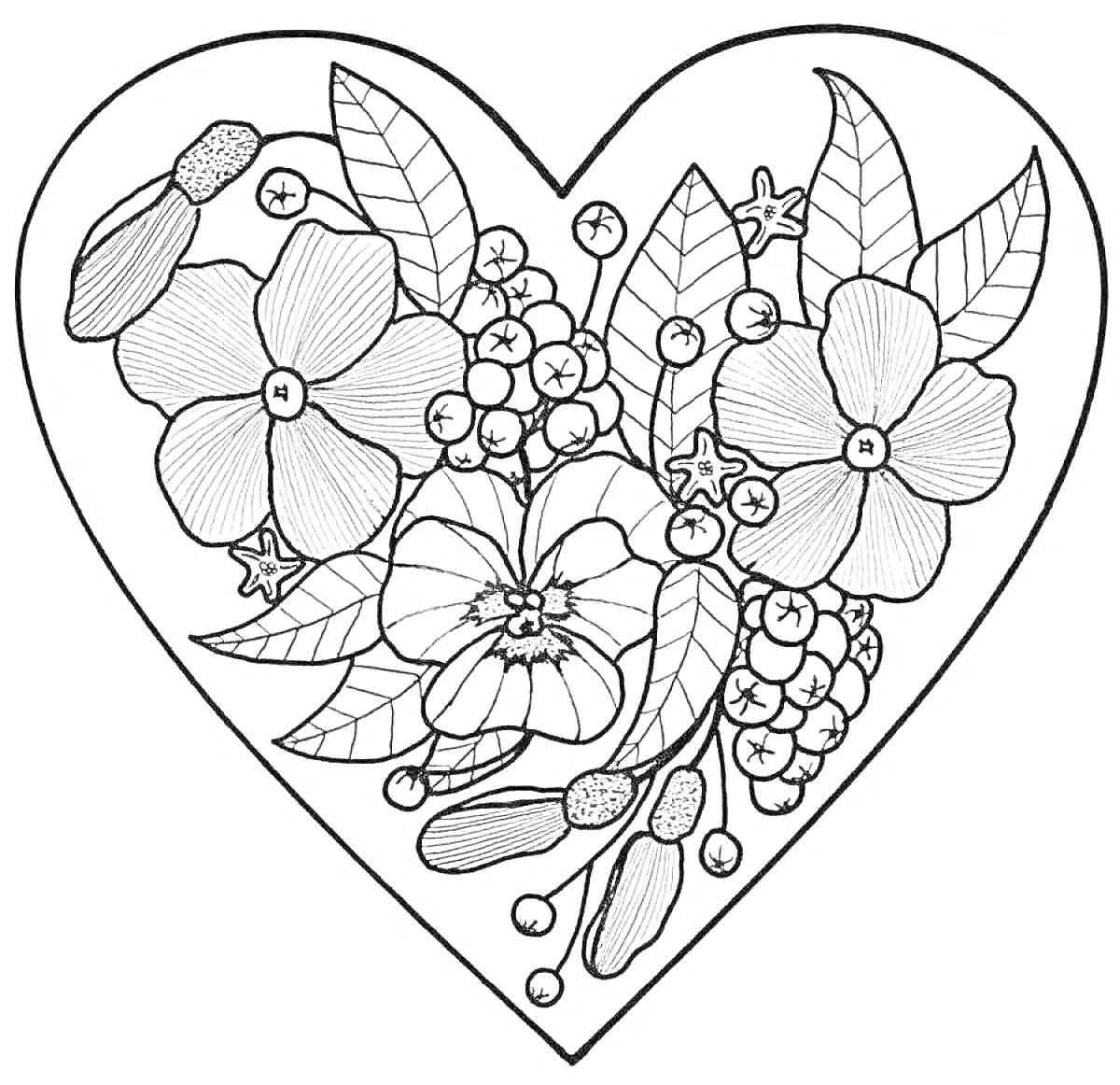 Раскраска Сердце с цветами, листьями и ягодами