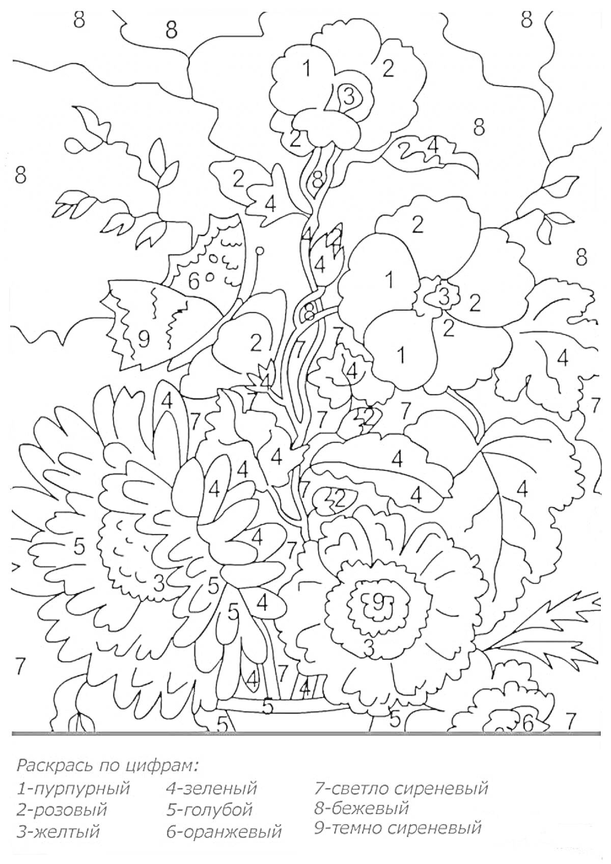 Раскраска Букет цветов по номерам (гортензия, розы и другие)
