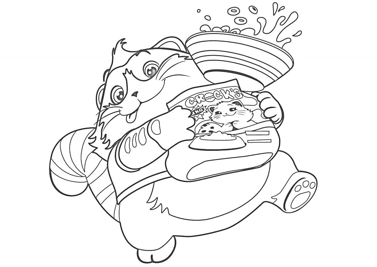 Раскраска Пушистый кот с пачкой корма и миской еды