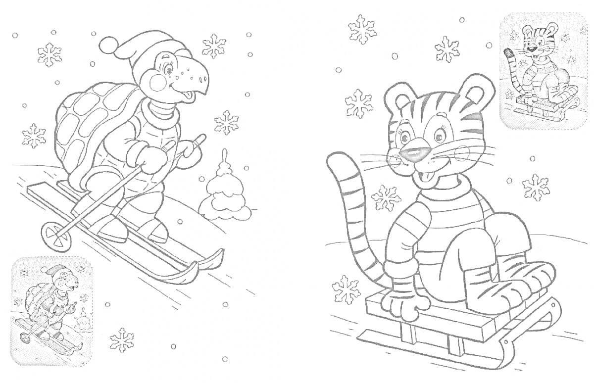 Раскраска Черепаха на лыжах и тигр на санках на фоне снежинок