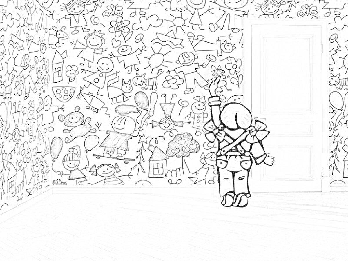 На раскраске изображено: Стена, Игрушки, Пицца, Шары, Цветы, Здания, Для детей, Бабочка