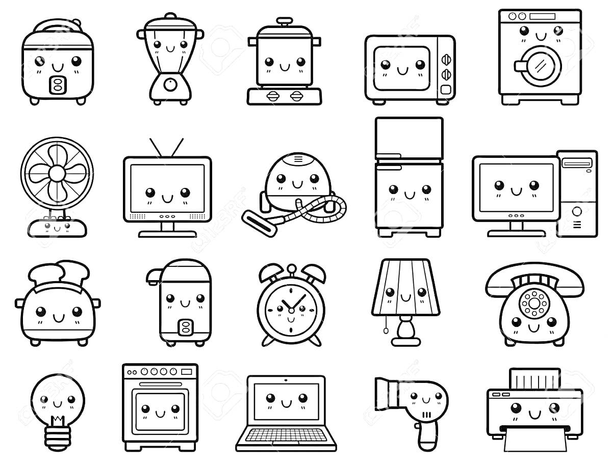 Раскраска Бытовая техника с лицами - рисоварка, блендер, мультиварка, микроволновая печь, стиральная машина, вентилятор, телевизор, робот-пылесос, холодильник, компьютерный корпус, тостер, чайник, будильник, лампа, городской телефон, лампочка, плита, ноутбук, фен, 