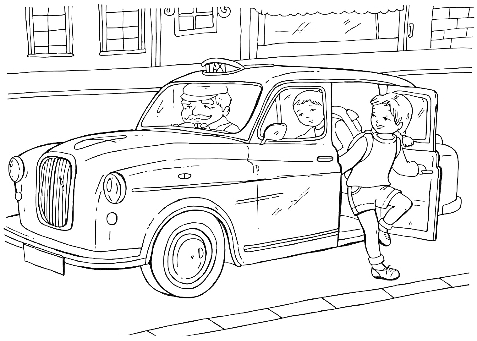 На раскраске изображено: Такси, Водитель, Здания, Окна, Транспорт, Для детей, Авто, Дороги