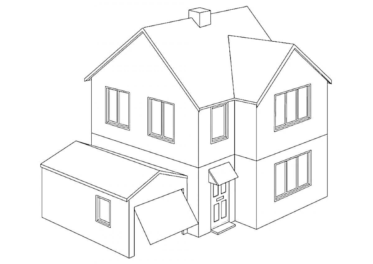 На раскраске изображено: Дом, Большой дом, Окна, Дверь, Крыша, Чердак, Дымоход