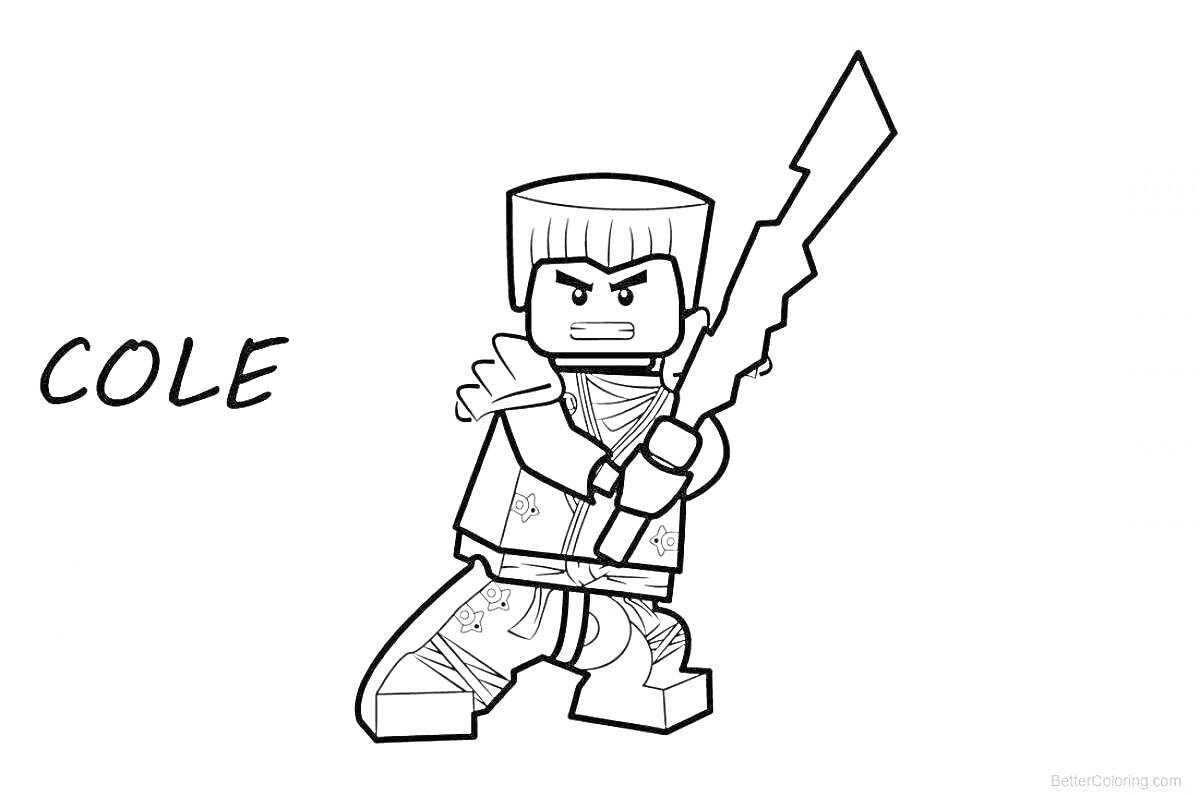 Раскраска Лего персонаж с мечом, текст COLE, герой в боевой позе