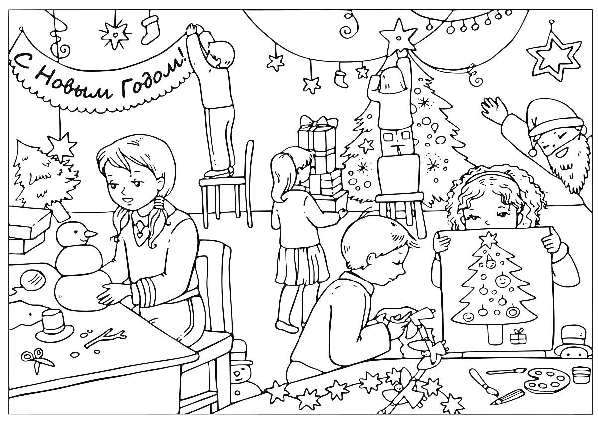 Детская рождественская сцена с украшением елки, созданием поделок и изготовлением снежных фигур