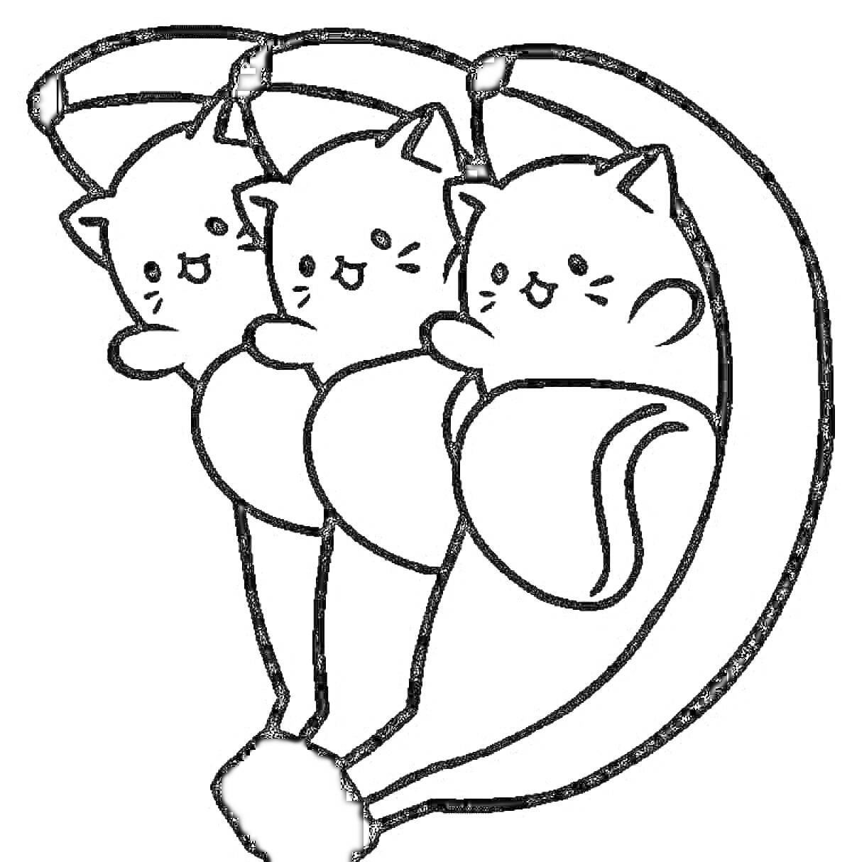 Раскраска Три кавайных котика в бананах